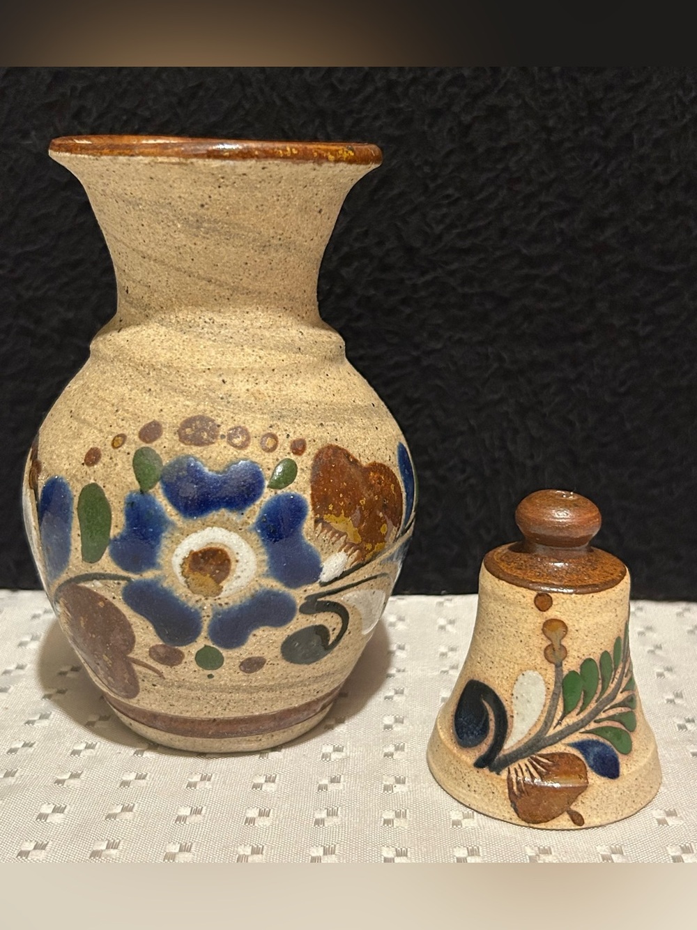 Tonala Mexican Pottery Hand Crafted Floral Vase 5.5"x4" & Matching Tonala Bell